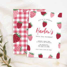 Invitación Chica Pink & Red Strawberry Berry primer cumpleaño