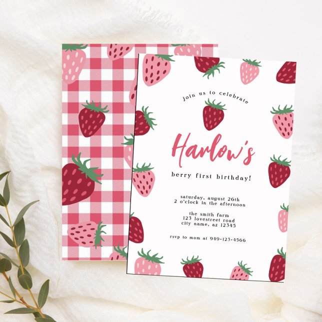 Invitación Chica Pink & Red Strawberry Berry primer cumpleaño (Subido por el creador)