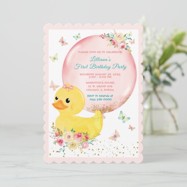 Invitación Chica Pink RUBBER DUCK Primer cumpleaños (Anverso de pie)