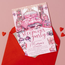 Invitación Chica Pink Sleepover Purpurina de cumpleaños