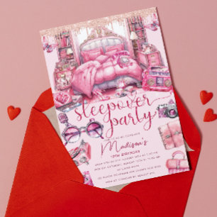 Invitación Chica Pink Sleepover Purpurina de cumpleaños
