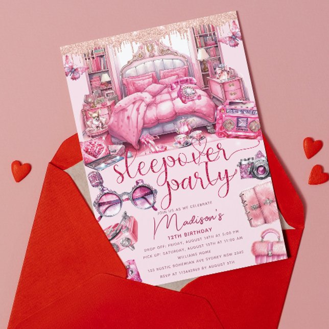 Invitación Chica Pink Sleepover Purpurina de cumpleaños (Subido por el creador)