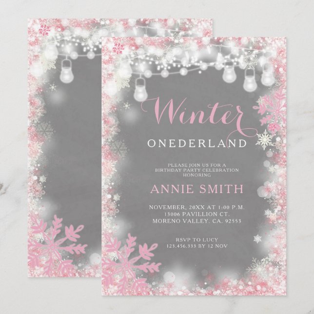 Invitación Chica Pink Snowflakes Winter cumpleaños de Omniéde (Anverso / Reverso)