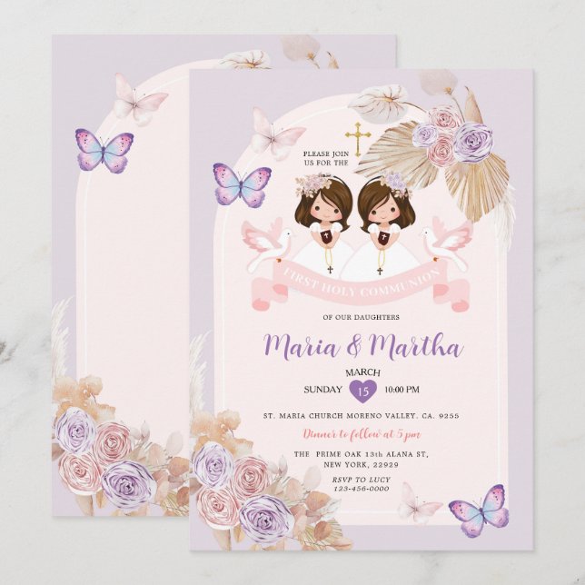 Invitación Chica Pink TWIN Primero Santa Comunión Floral Púrp (Anverso / Reverso)