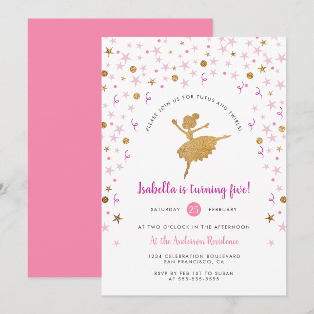 Invitación Chica Pink y Gold Ballerina Pirouette Cumpleaños (Anverso / Reverso)