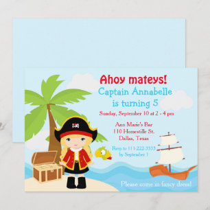 Invitación Chica pirata rubia linda en fiesta de cumpleaños r