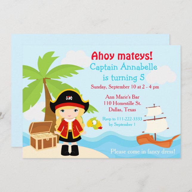 Invitación Chica pirata rubio en fiesta de cumpleaños rojo (Anverso / Reverso)