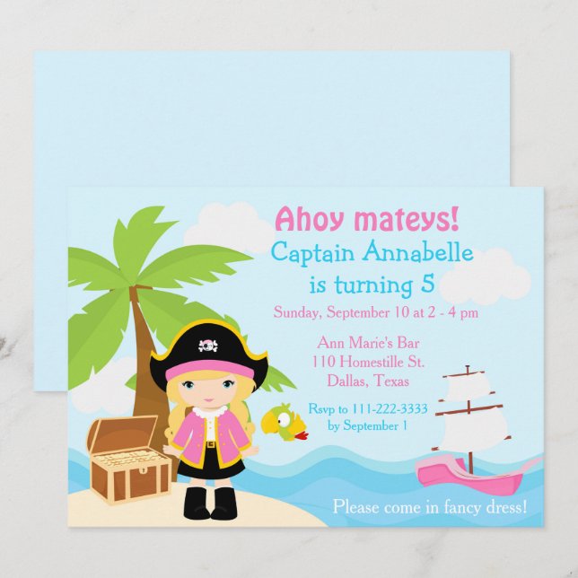 Invitación Chica pirata rubio en fiesta de cumpleaños rosado (Anverso / Reverso)