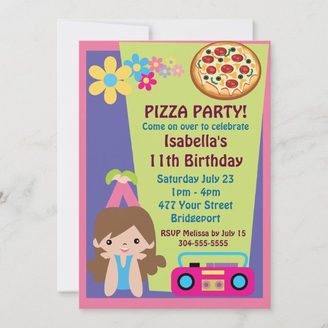 Invitación Chica Pizza Fiesta Cumpleaños (Anverso)