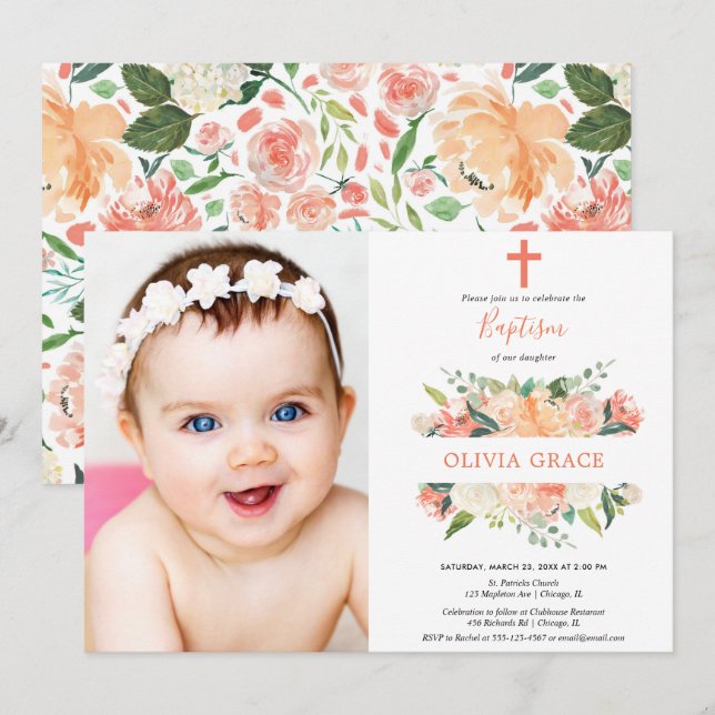 Invitación Chica poner crema blanco del melocotón floral (Anverso / Reverso)