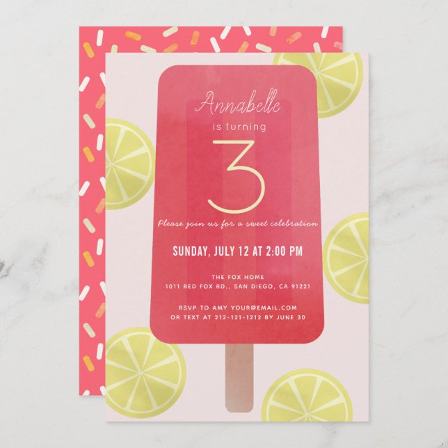 Invitación Chica Popsicle Rosa Lemonade (Anverso / Reverso)