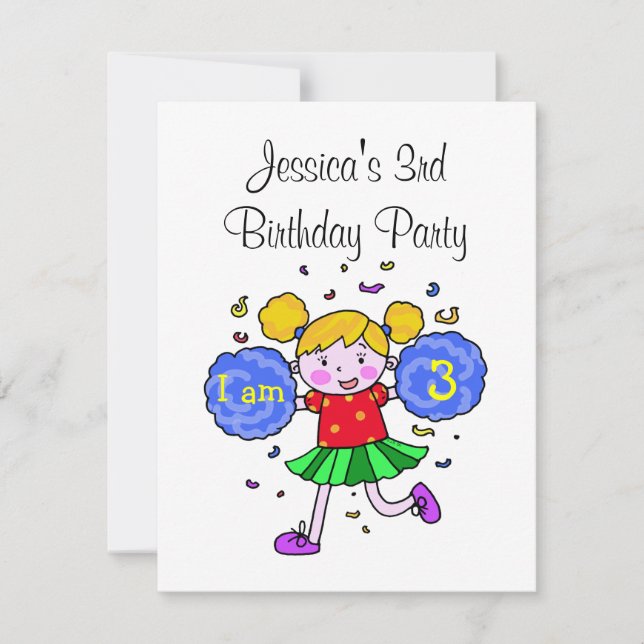 Invitación chica porrista de 3 años fiesta (Anverso)