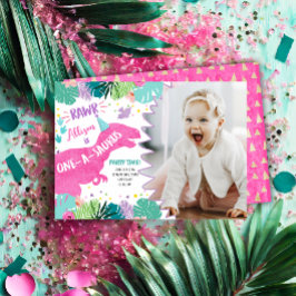 Invitación Chica prehistórico de dinosaurios rosados Primer c