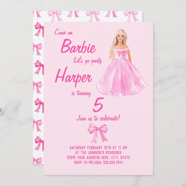 Invitación Chica Preppy Doll Birthday Coquette (Anverso / Reverso)