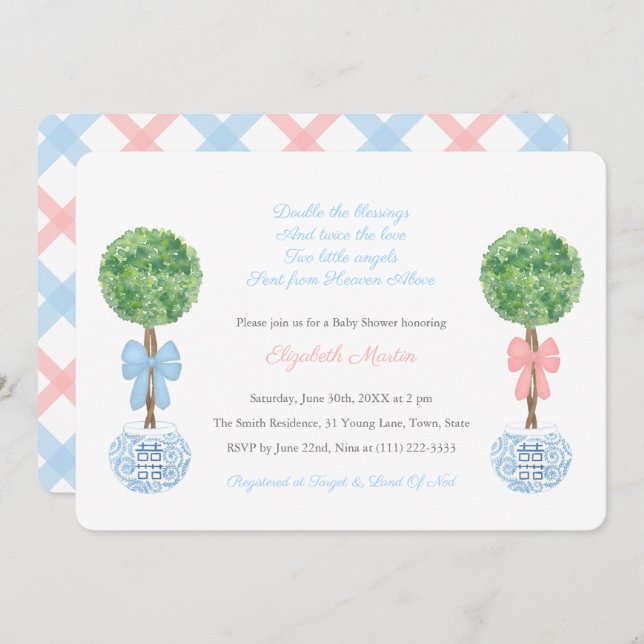 Invitación Chica preppy gemelos Cinta azul rosa Baby Shower (Anverso / Reverso)