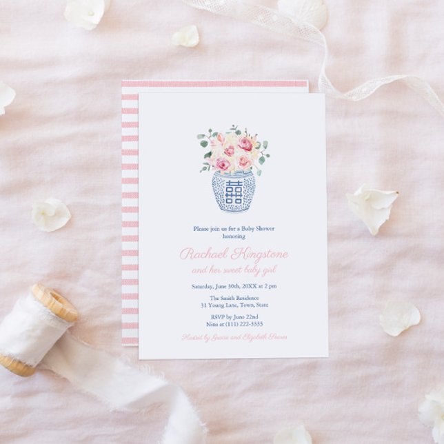 Invitación Chica Preppy Ginger Jar Pink Florals Baby Shower (Subido por el creador)