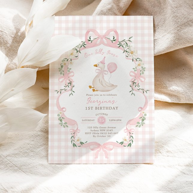 Invitación Chica Preppy One Silly Goose Pink Bow Primer cumpl (Subido por el creador)
