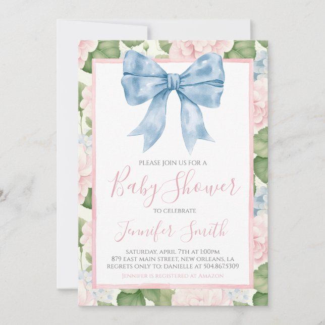 Invitación Chica Preppy Southern Blue Bow Baby Shower (Anverso)