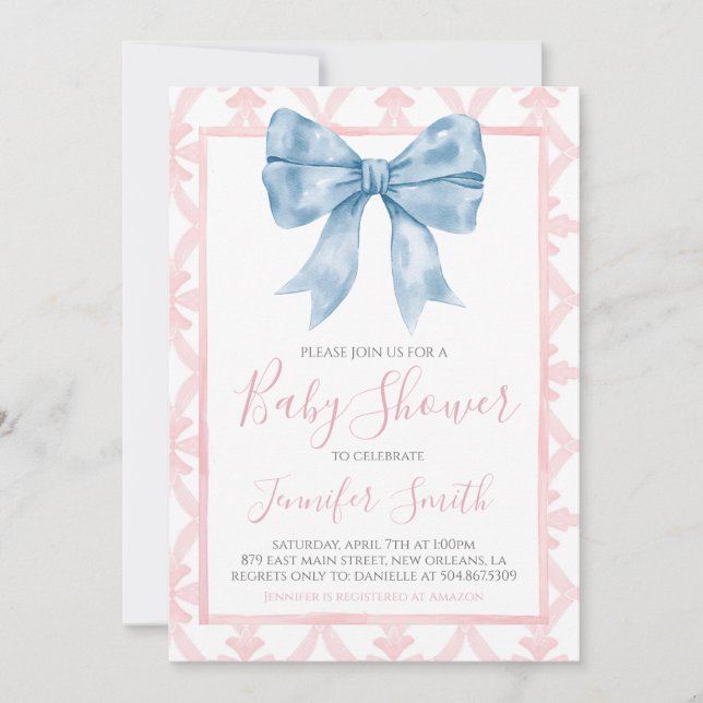 Invitación Chica Preppy Southern Blue Bow Baby Shower (Anverso)
