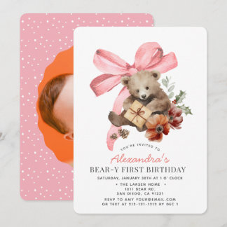 Invitación Chica Primer Arco Rosa de Beary Cumpleaños 1 Foto