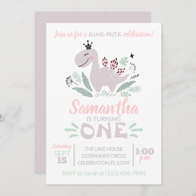Invitación Chica primer cumpleaños acuarela morado dinosaurio (Anverso / Reverso)