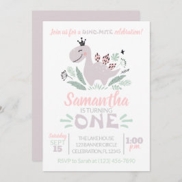 Invitación Chica primer cumpleaños acuarela morado dinosaurio