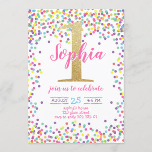 Invitación Chica Primer Cumpleaños Colorful Confetti Gold Num