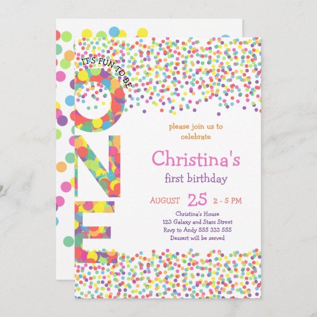 Invitación Chica primer cumpleaños confetti color arcoiris du (Anverso / Reverso)