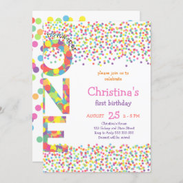 Invitación Chica primer cumpleaños confetti color arcoiris du