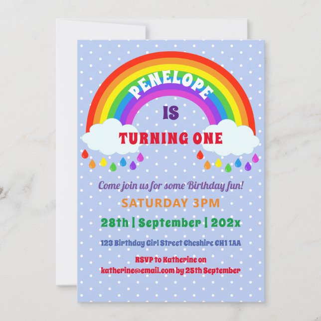 Invitación Chica Primer Cumpleaños Cute Arcoiris (Anverso)