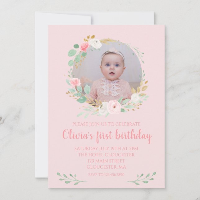 Invitación Chica primer cumpleaños Foto floral rosa (Anverso)