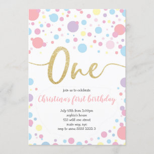 Invitación Chica Primer cumpleaños Pastel Arcoiris gana confe