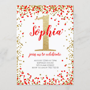 Invitación Chica Primer Cumpleaños Red Gold Number Confetti
