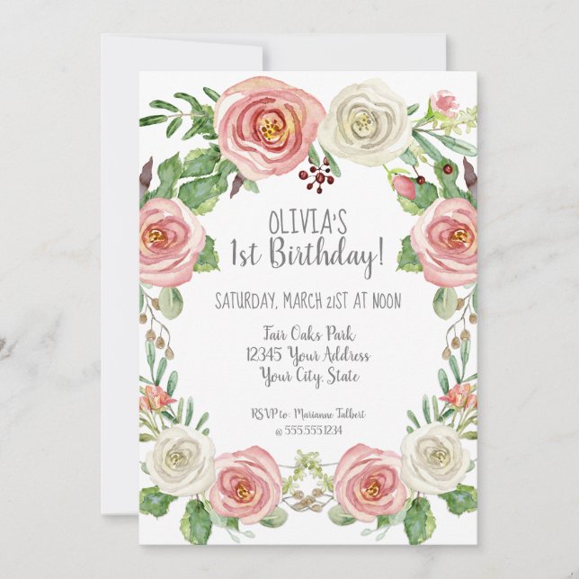 Invitación Chica Primer cumpleaños Rubor Floral Rosa Blanca R (Anverso)