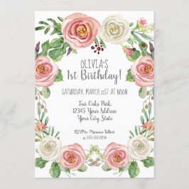 Invitación Chica Primer cumpleaños Rubor Floral Rosa Blanca R