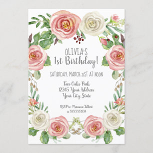 Invitación Chica Primer cumpleaños Rubor Floral Rosa Blanca R