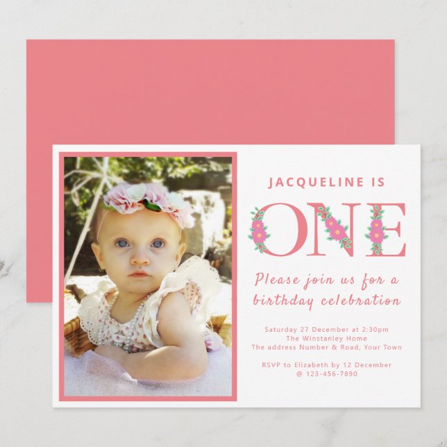 Invitación Chica Primer Fiesta de cumpleaños foto rosa (Anverso / Reverso)