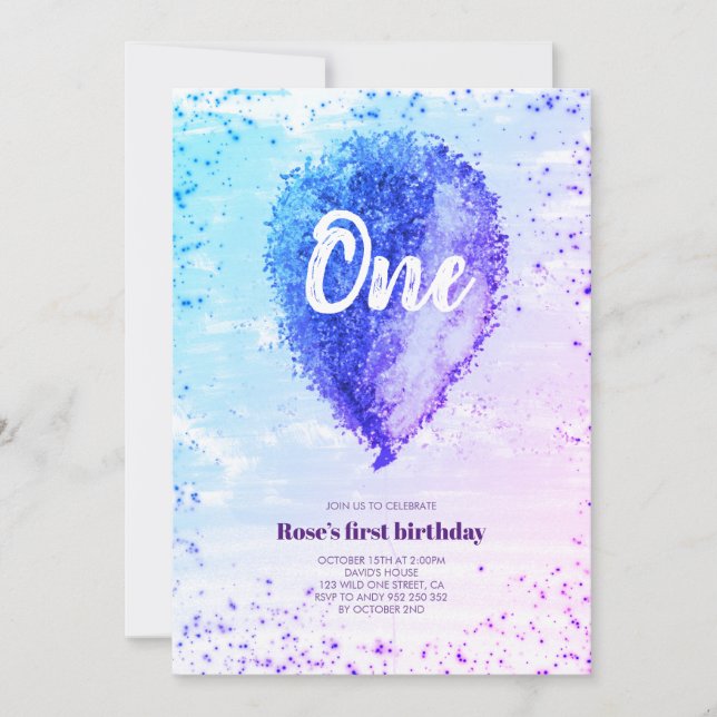 Invitación Chica Primer Purpurina de cumpleaños Ombre Balloon (Anverso)