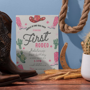 Invitación Chica Primer Rodeo Nacimiento Noche Cute Rosa