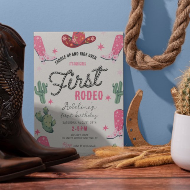 Invitación Chica Primer Rodeo Nacimiento Noche Cute Rosa (Girl 1st Rodeo Cowgirl Party Invitations Printable Digital Template First Rodeo party inivtations)