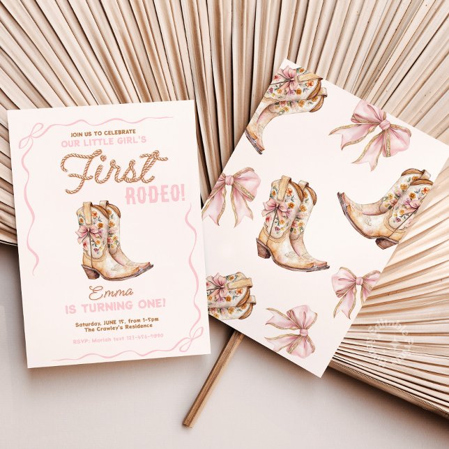 Invitación Chica Primer Rodeo Primer Invitado De Noche De Cum (first rodeo birthday invite, cowgirl 1st birthday party, pink bow rodeo invitation, western birthday)