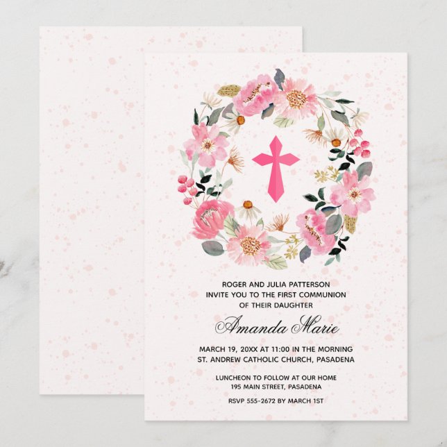 Invitación Chica Primera Comunión Acuarela Floral Rosa (Anverso / Reverso)