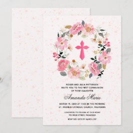 Invitación Chica Primera Comunión Acuarela Floral Rosa