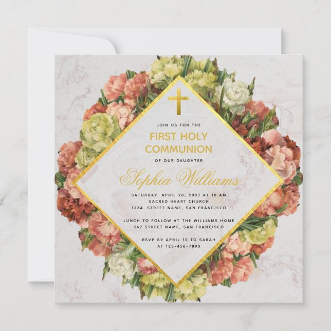 Invitación Chica Primera Comunión Carnations Gold Cross Flora (Anverso)