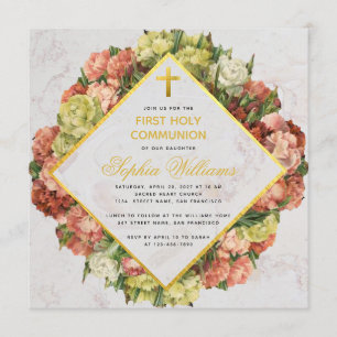 Invitación Chica Primera Comunión Carnations Gold Cross Flora