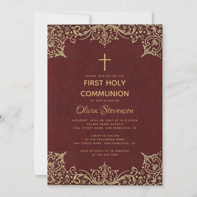 Invitación Chica Primera Comunión Elegante Burgundy Gold Vint (Anverso)
