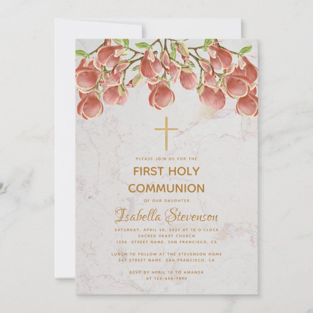 Invitación Chica Primera Comunión Floral Rosa Magnolia Mármol (Anverso)