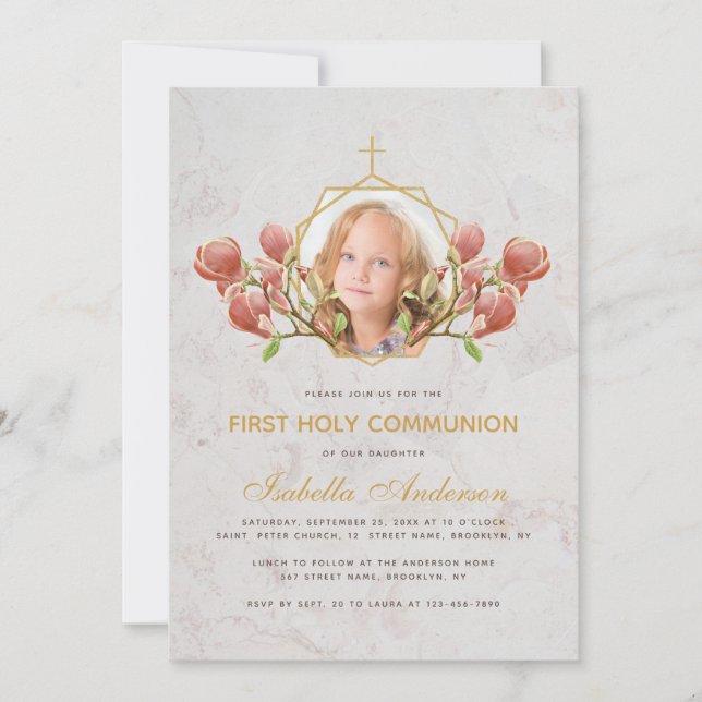 Invitación Chica Primera Comunión Foto Mármol de Magnolia Ros (Anverso)