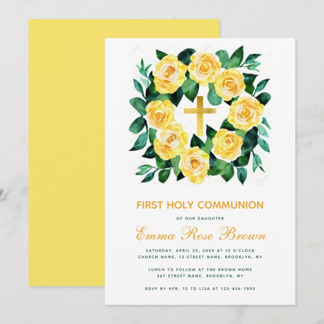 Invitación Chica Primera Comunión Rosas Amarillas Floral (Anverso / Reverso)