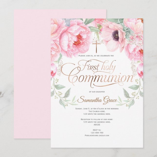 Invitación Chica, Primera Comunión Sagrada, Flores Acuáticas (Anverso / Reverso)